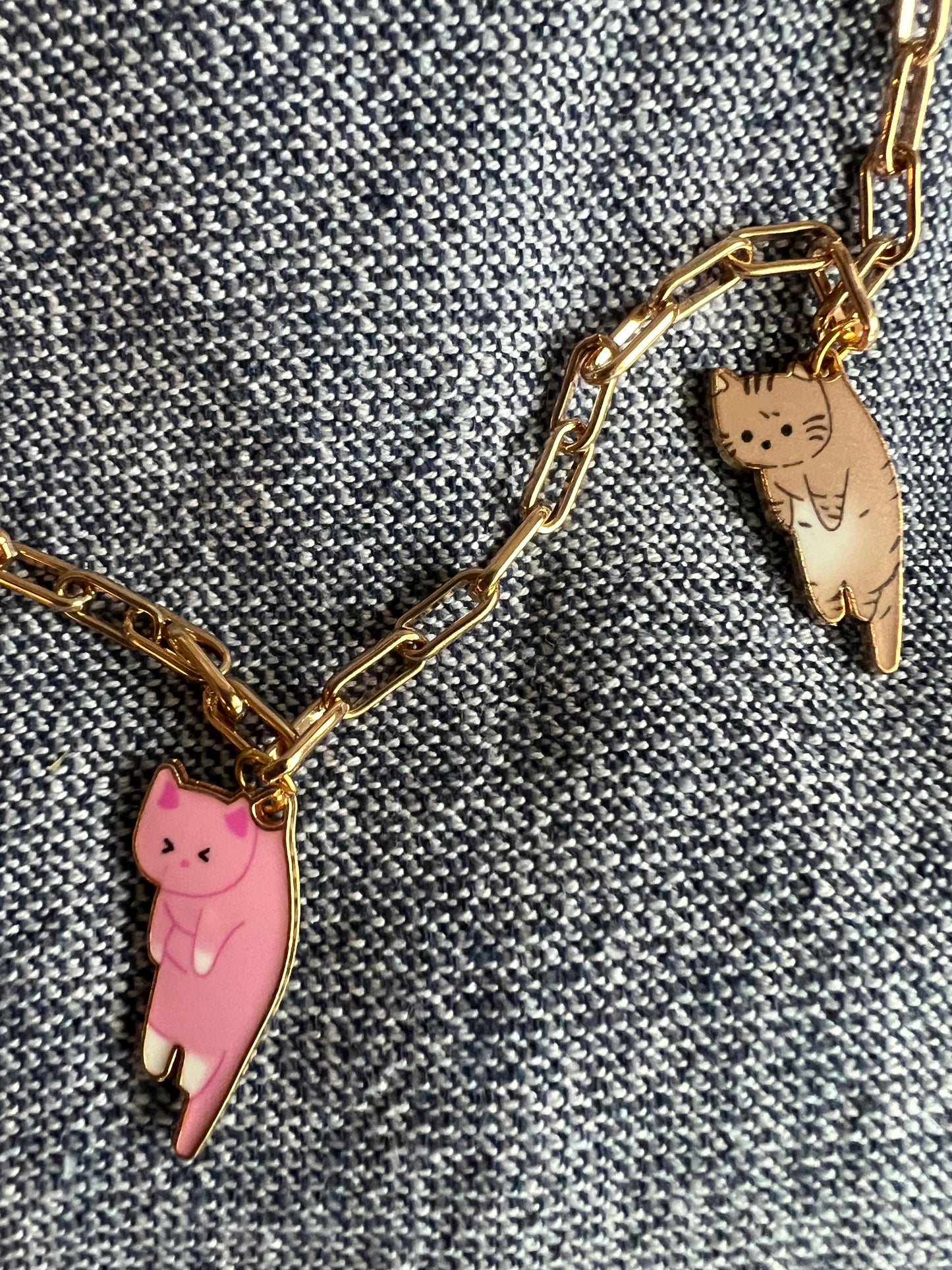 Cute handmade gold chain necklace with cat pendants