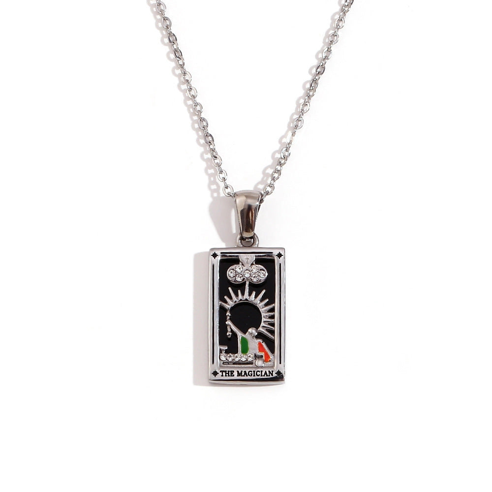 Tarot Card Necklace with Inlaid Design and Crystals