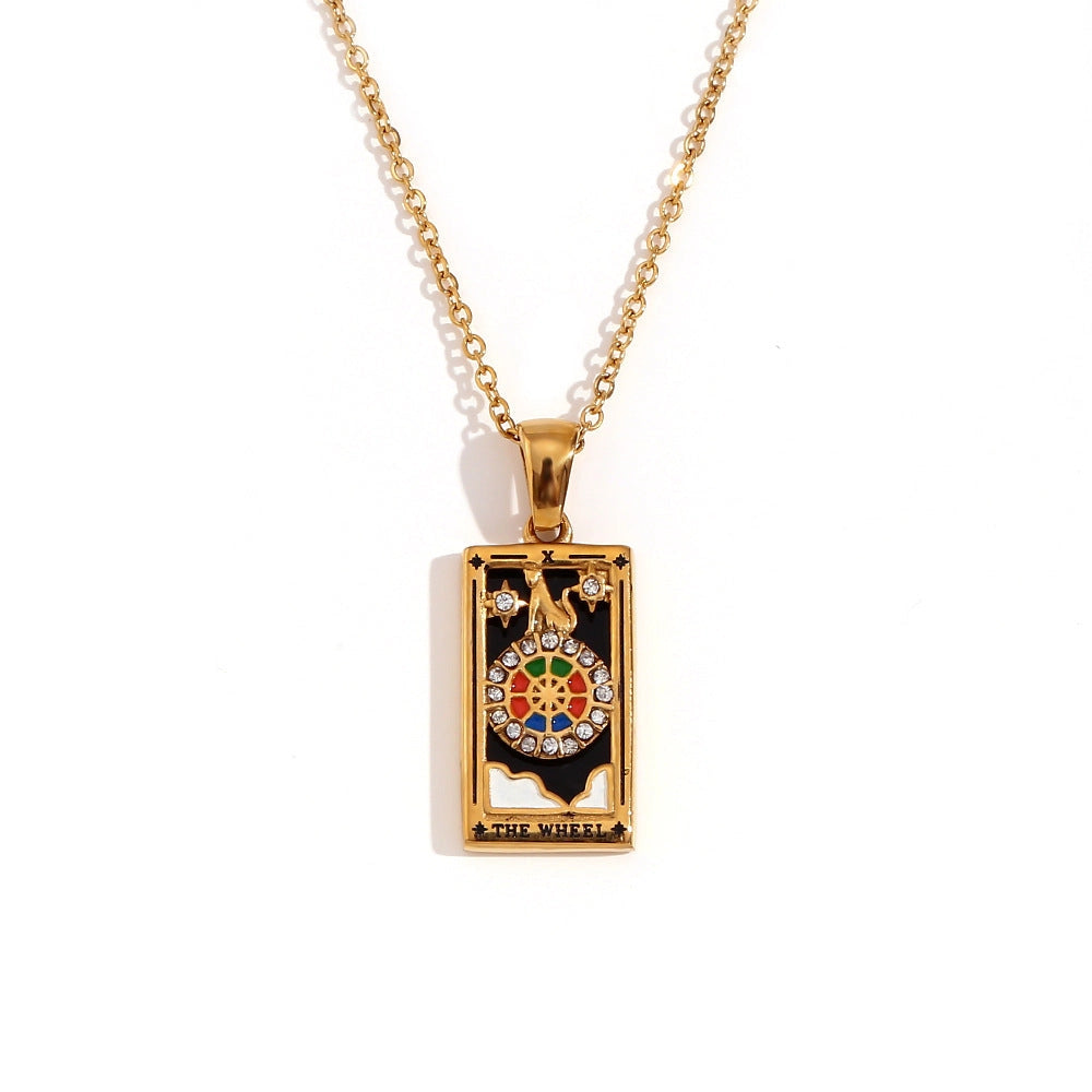 Tarot Card Necklace with Inlaid Design and Crystals
