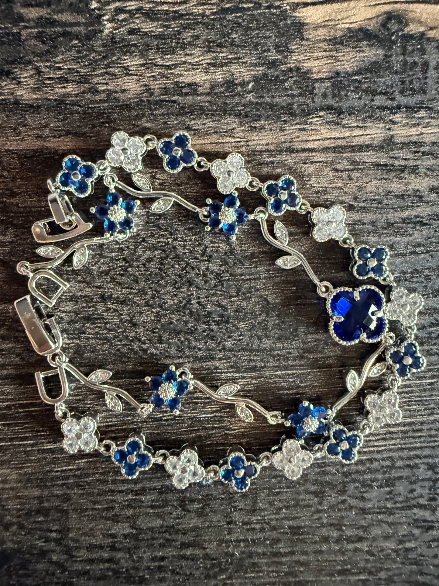 Sapphire Blue Clover Silver Bracelet Set VCA Vine Inspired Tennis 6.5 Inches Clasp Closure