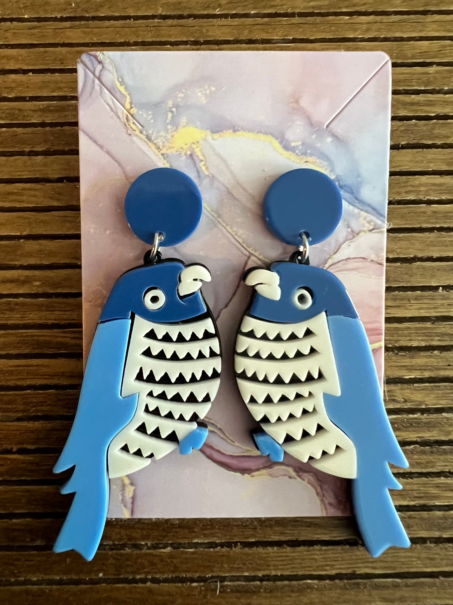 blue bird statement drop earrings