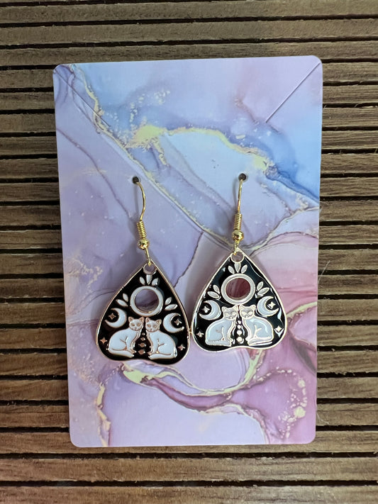 Ouija board earrings with white cats in gold