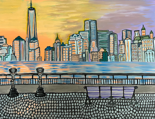 Liberty State Park Sunset View on Manhattan Skyline NYC 18 x 24 acrylic painting