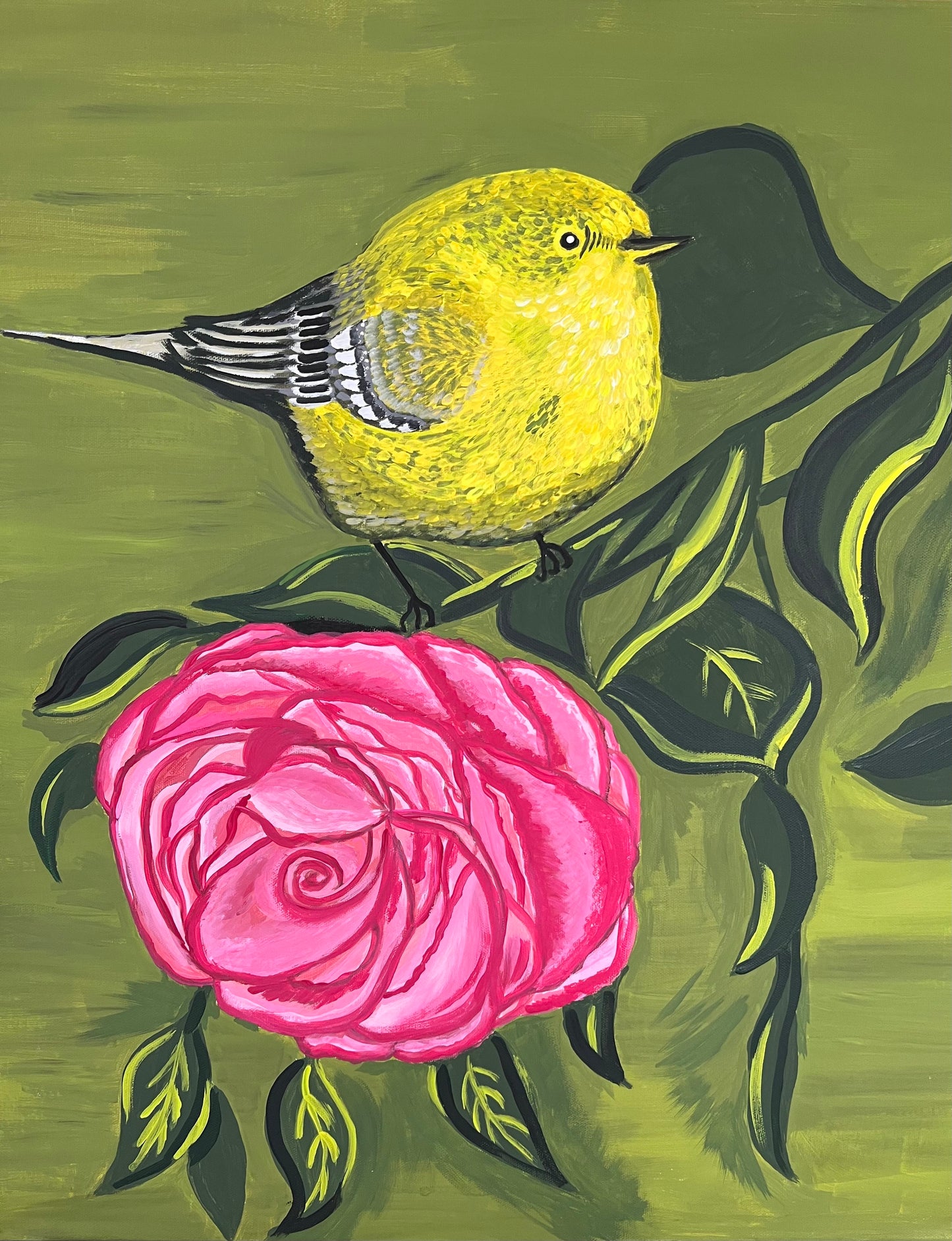 A Warbler and a Rose 24 x 20 acrylic painting