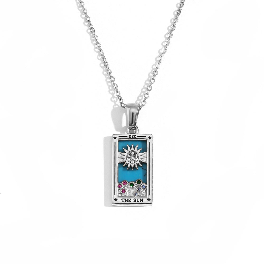 Tarot Card Necklace with Inlaid Design and Crystals