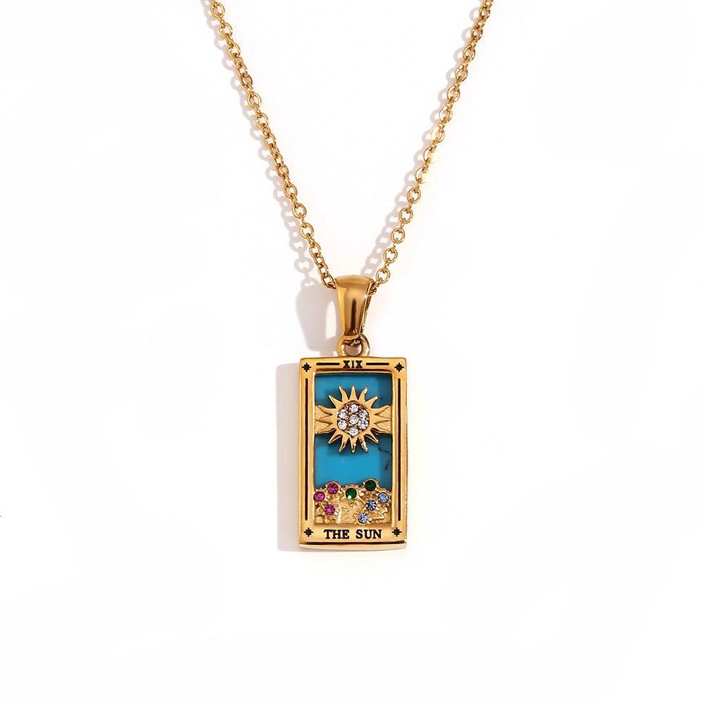 Tarot Card Necklace with Inlaid Design and Crystals