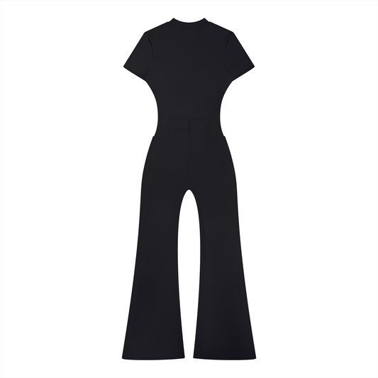Women’s Tight Fit Flared Leg Quarter-Zip Jumpsuit Y2K Inspired Pixel Art