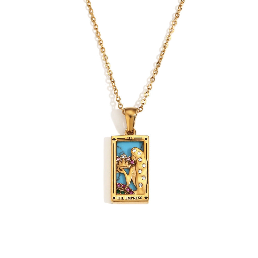 Tarot Card Necklace with Inlaid Design and Crystals