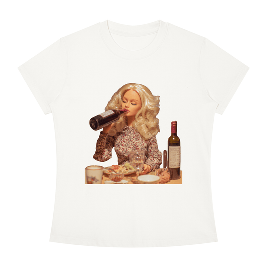 Funny Barbie with a Wine Bottle Women's Slim Fit Crewneck T-Shirt - Canvas & Charms