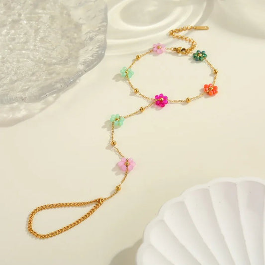 INS Style Elegant Design Beaded Flower Finger Ring Stainless Steel Bracelet Real Gold Plated Jewelry Wholesale - Canvas & Charms