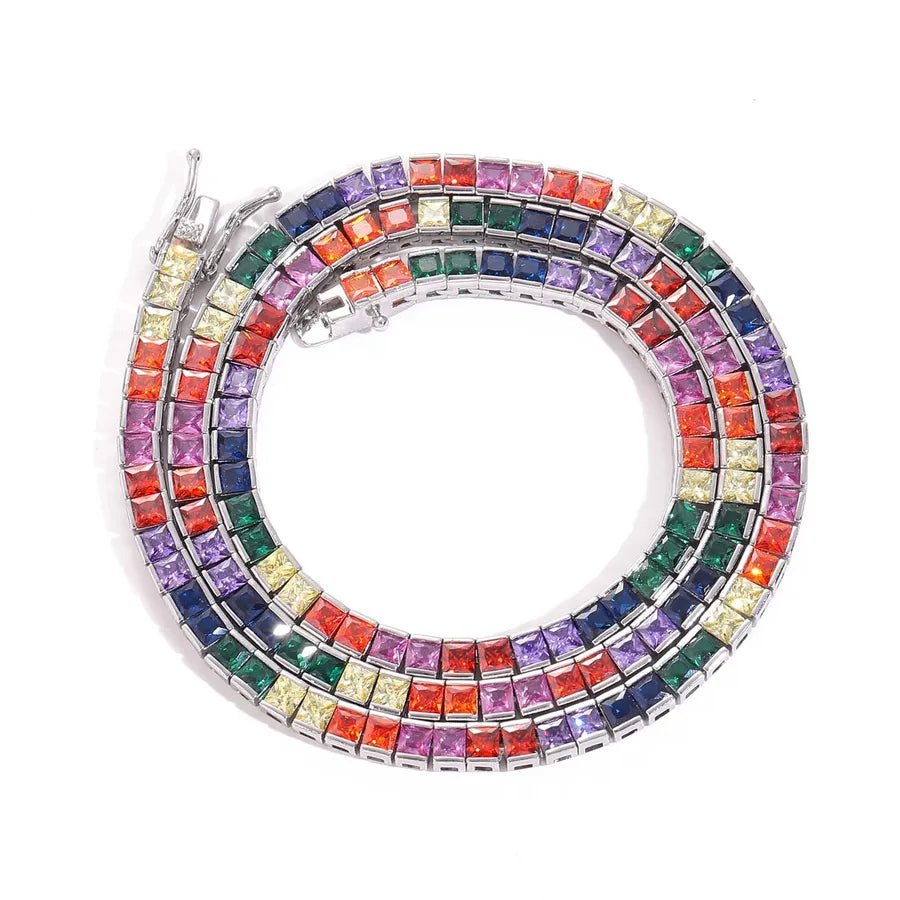 Men's Hip Hop Necklace 4*4mm Colorful Square Zircon Tennis Chain Copper Inlaid Fashionable Jewelry Accessory - Canvas & Charms