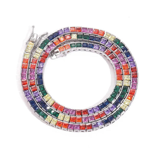 Men's Hip Hop Necklace 4*4mm Colorful Square Zircon Tennis Chain Copper Inlaid Fashionable Jewelry Accessory - Canvas & Charms