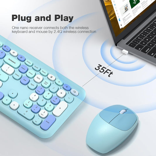 MOFII Wireless Keyboard and Mouse Combo Silent, Slim Compact 2.4G USB Full Size, Cute 110 Keys Keyboard for PC, Notebook, MacBook, Tablet, Laptop, Windows System - Canvas & Charms