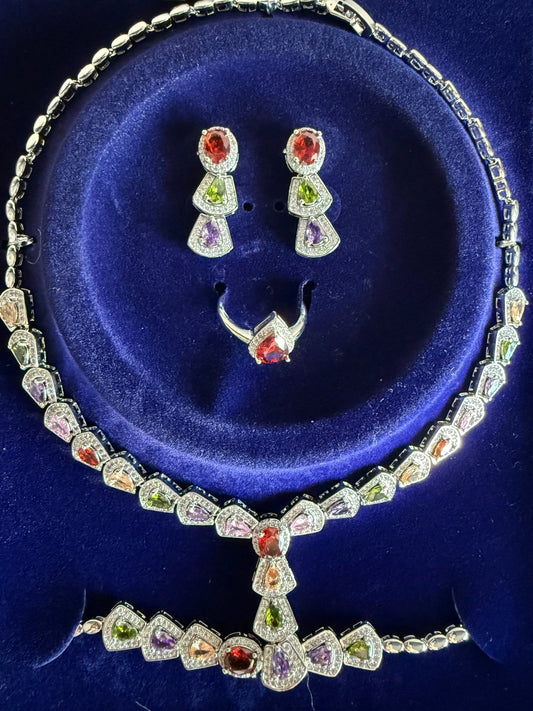 Multicolour Jewellery Set Lariat Necklace Earrings Bracelet Ring - Canvas & Charms