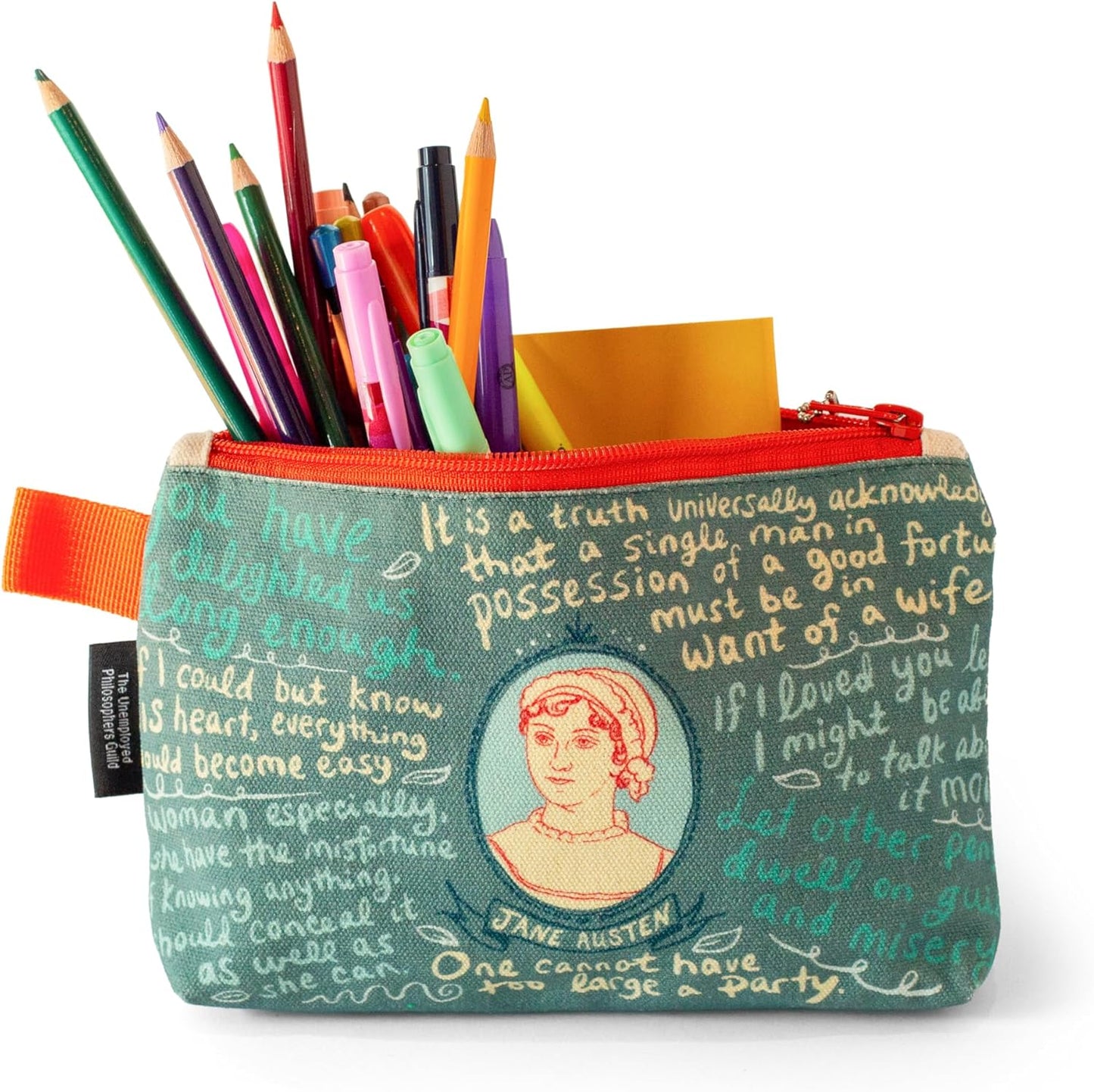 The Unemployed Philosophers Guild Jane Austen Bag - 9" Canvas Zipper Romance Themed Pouch for Pencils, Tools, Cosmetics, Toiletries and More - Canvas & Charms