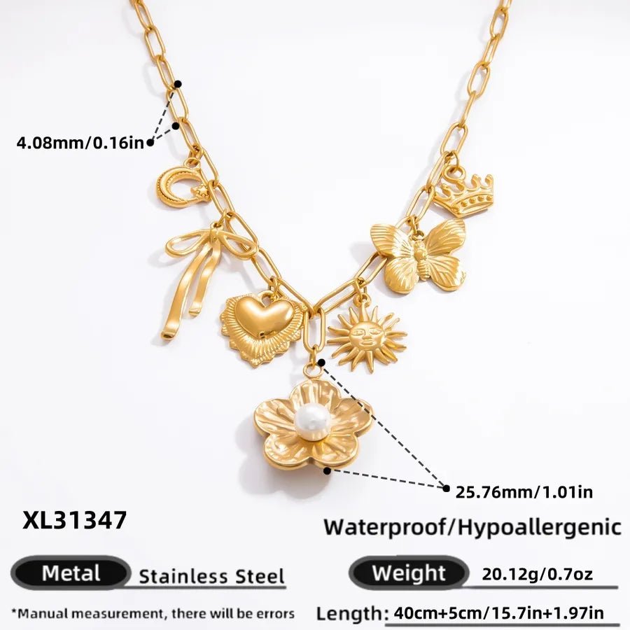 Wholesale Jewelry Elegant Classic Style Heart Shape Flower 304 Stainless Steel Plating Multi Charms Necklace - Canvas & Charms