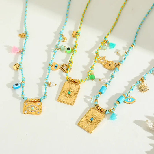 Wholesale Jewelry Elegant Cute Romantic Geometric Eye 304 Stainless Steel Acrylic Imitation Pearl Zircon 14K Gold Plated Plating Inlay Cord String Multi Charms Necklace - Canvas & Charms