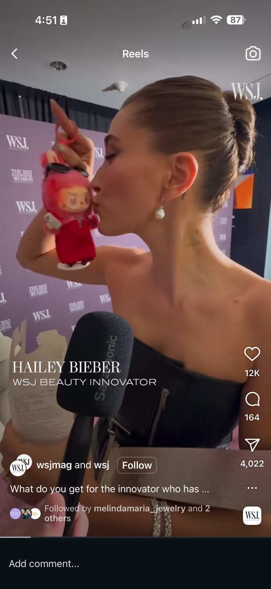 Hailey Bieber Receives Custom Labubu Doll — Sunglasses, Rhode Lip Case and Necklace Included