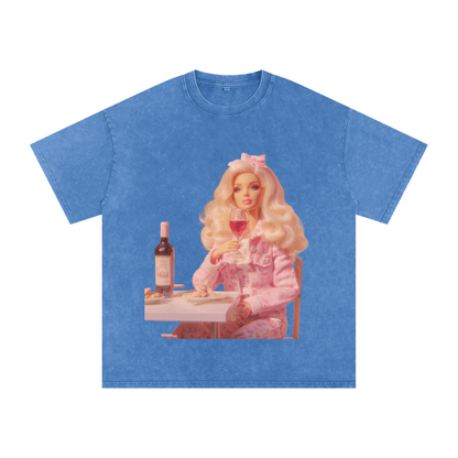 Funny Barbie with a Wine Glass Snow Washed Oversized Cotton T-Shirt