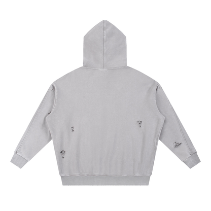 Unisex Snow Washed Distressed Panel Pocket Hoodie with NYC Skyline Print