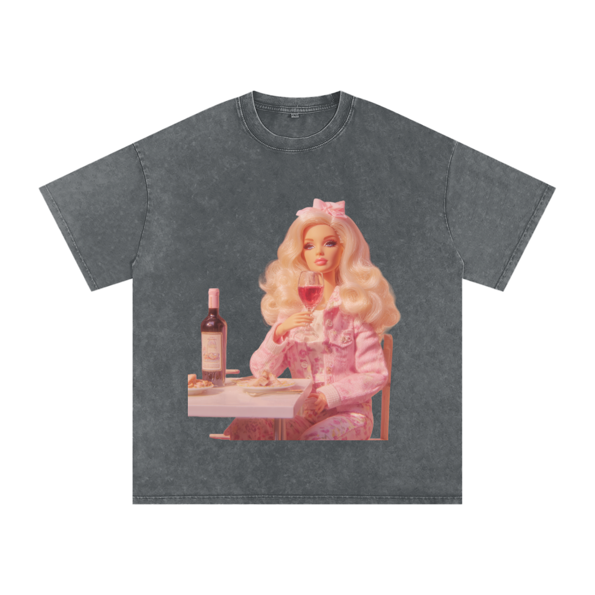 Funny Barbie with a Wine Glass Snow Washed Oversized Cotton T-Shirt