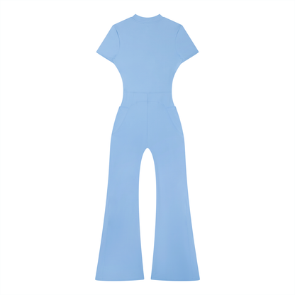 Women’s Tight Fit Flared Leg Quarter-Zip Jumpsuit Y2K Inspired Pixel Art