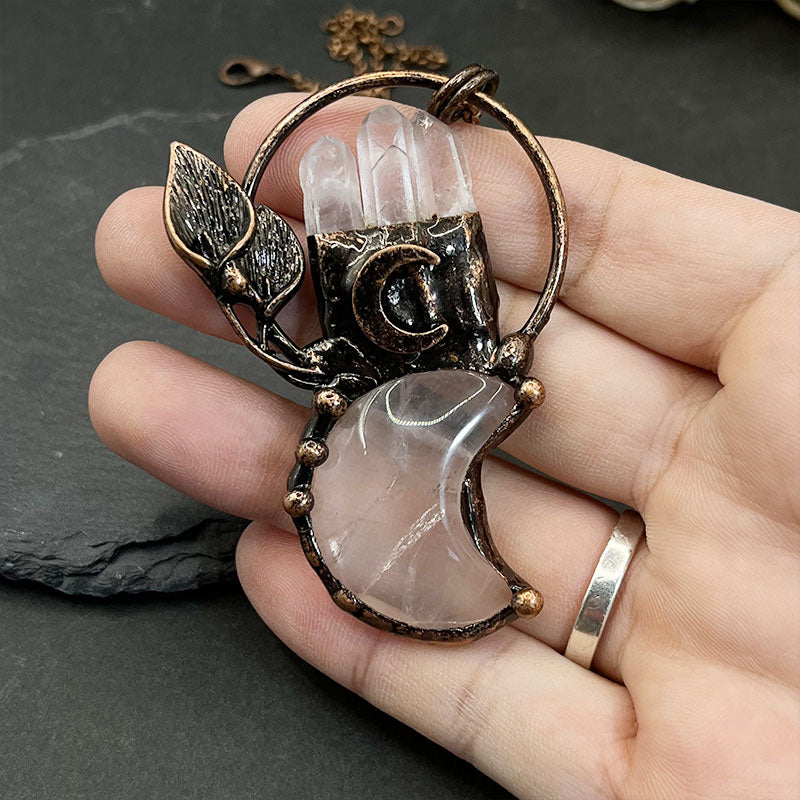 Clear Crystal Moon Plant Shape Pendant Gemstone Necklace