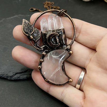 Clear Crystal Moon Plant Shape Pendant Gemstone Necklace