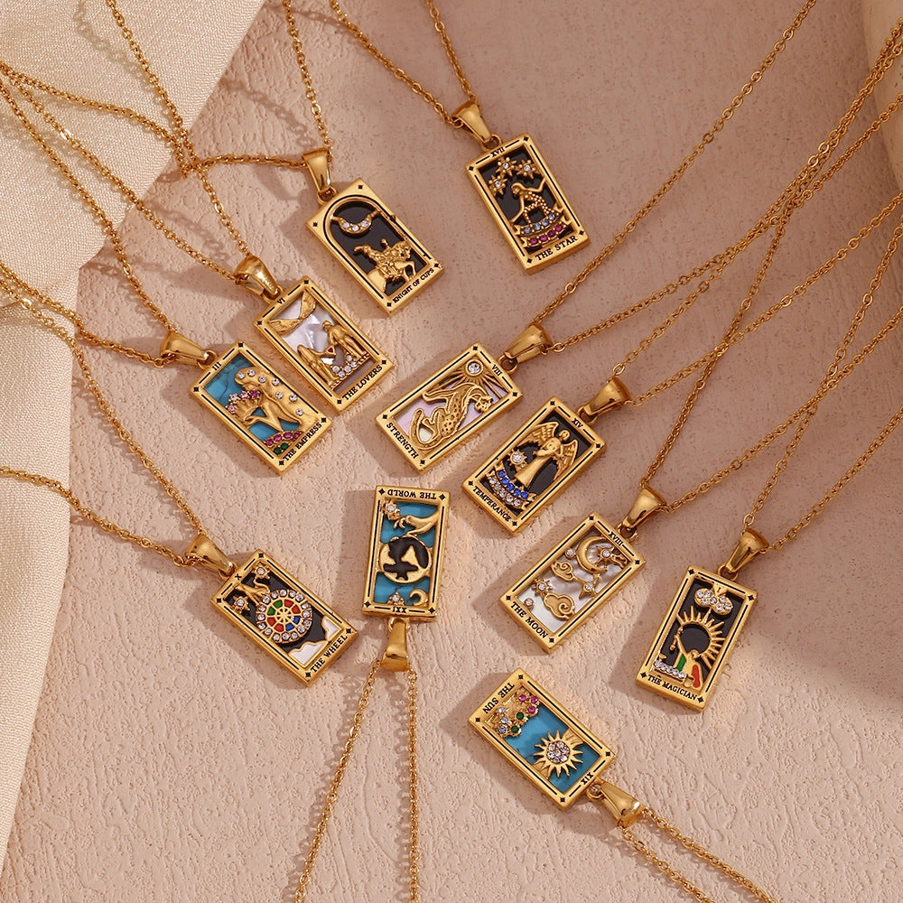 Tarot Card Necklace with Inlaid Design and Crystals