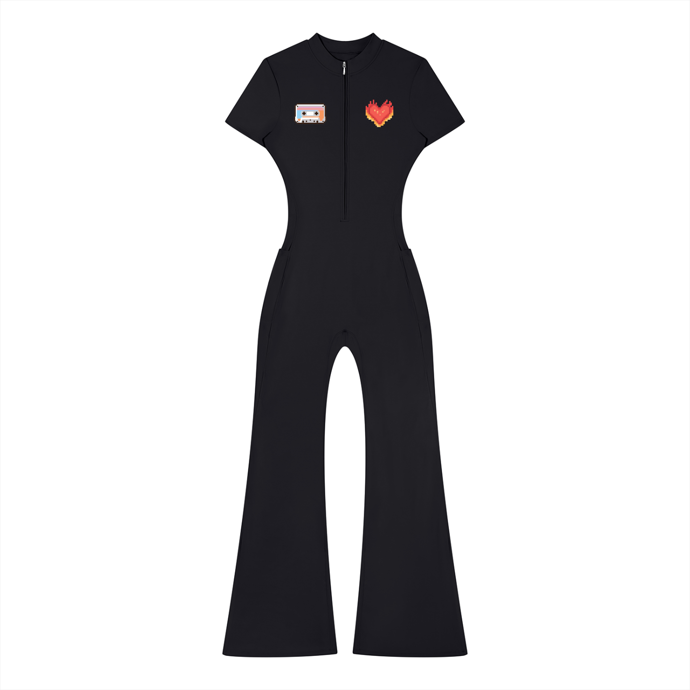 Women’s Tight Fit Flared Leg Quarter-Zip Jumpsuit Y2K Inspired Pixel Art