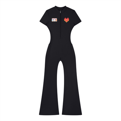 Women’s Tight Fit Flared Leg Quarter-Zip Jumpsuit Y2K Inspired Pixel Art