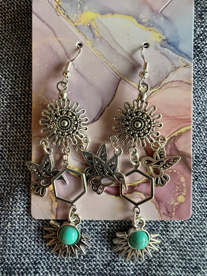 Hummingbird Drop Earrings with Turquoise Pendant