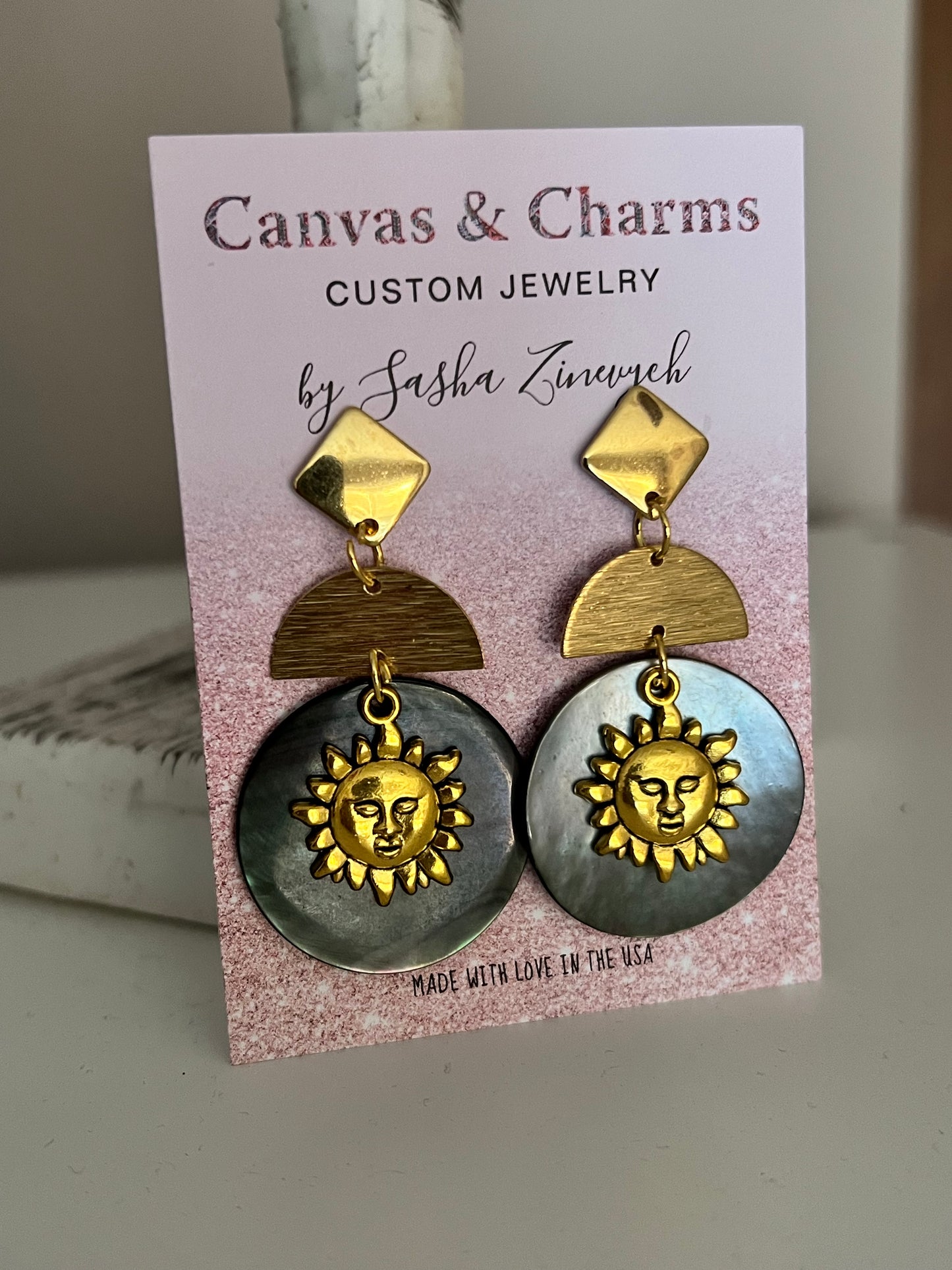 Celestial Statement Earrings with Sun and Black Pearl Discs