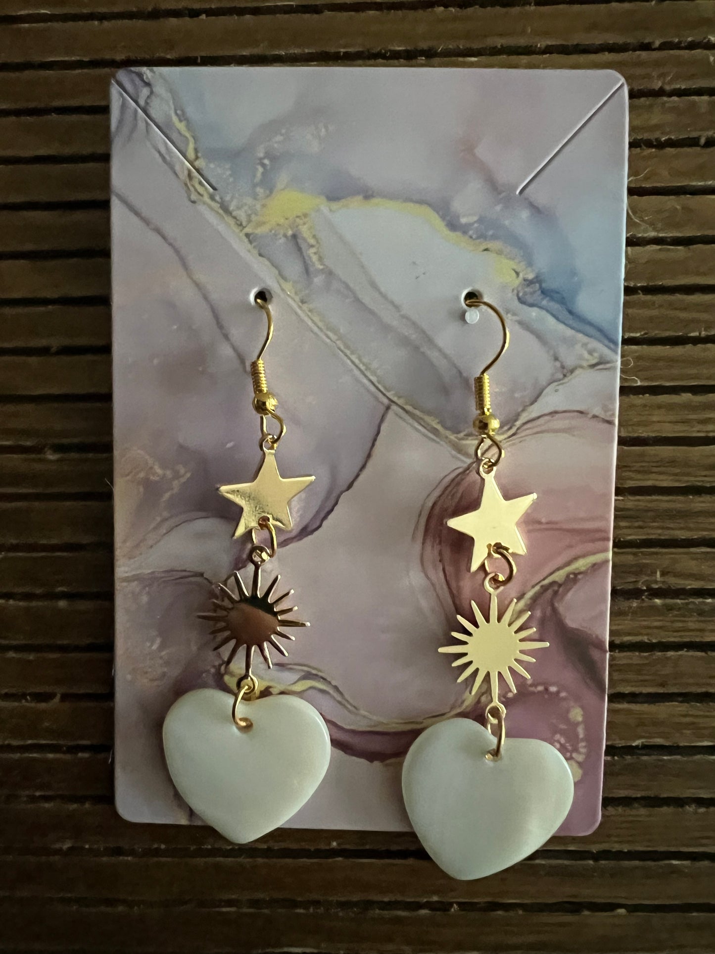 Gold-plated handmade drop earrings with mother-of-pearl heart pendant