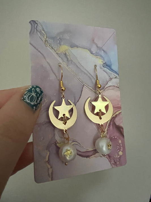 Freshwater pearl handmade celestial drop earrings