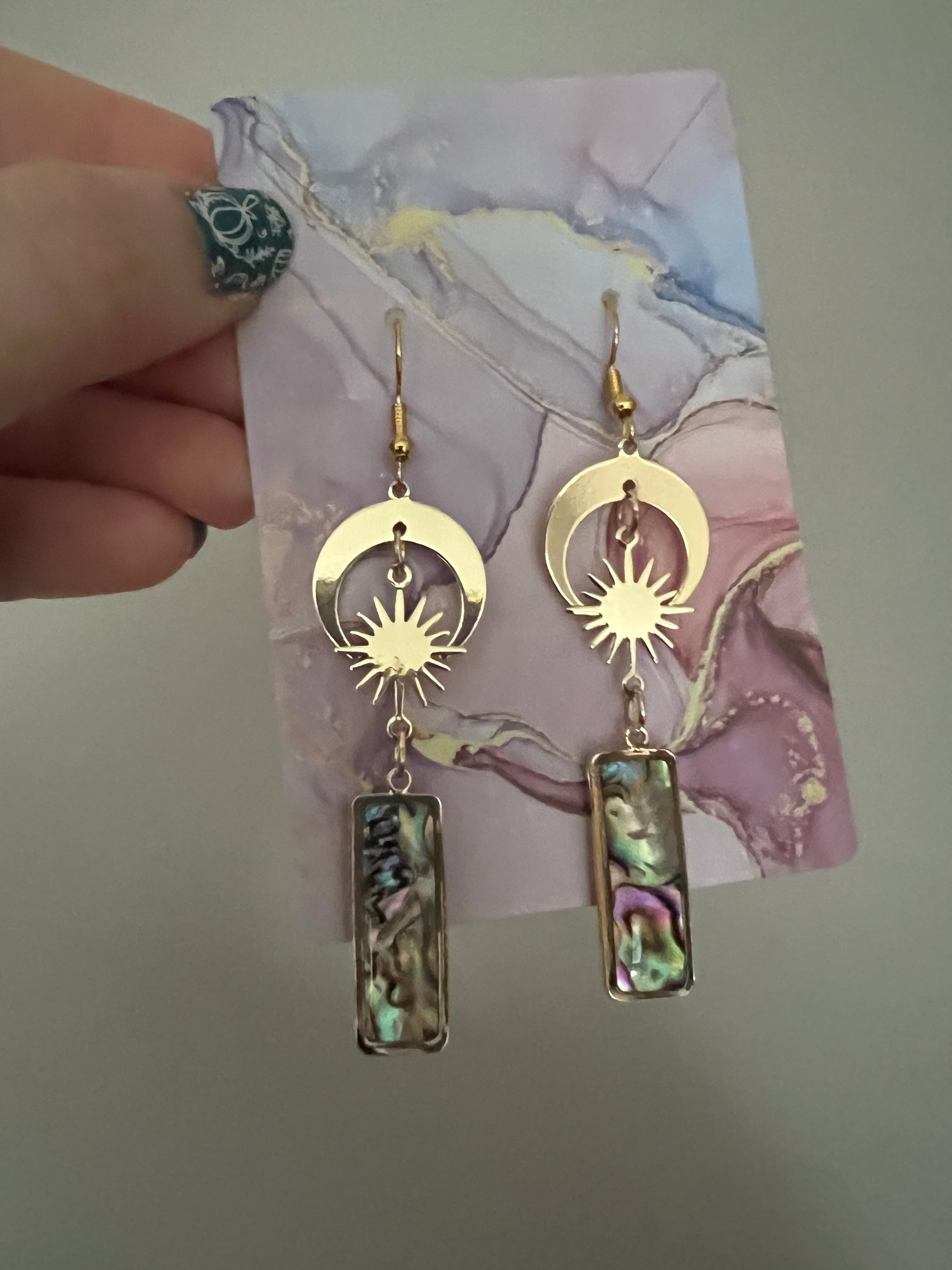 Gold-plated handmade drop earrings with natural abalone shell pendant