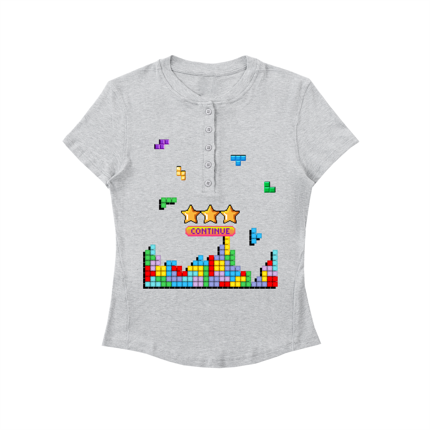 Women's Modal Bodycon Henley Shirt with Tetris Pixel Gaming Print