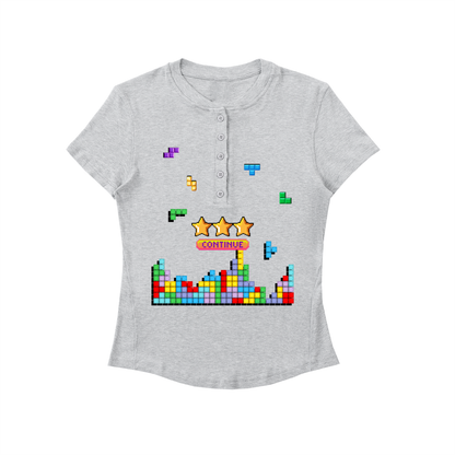 Women's Modal Bodycon Henley Shirt with Tetris Pixel Gaming Print