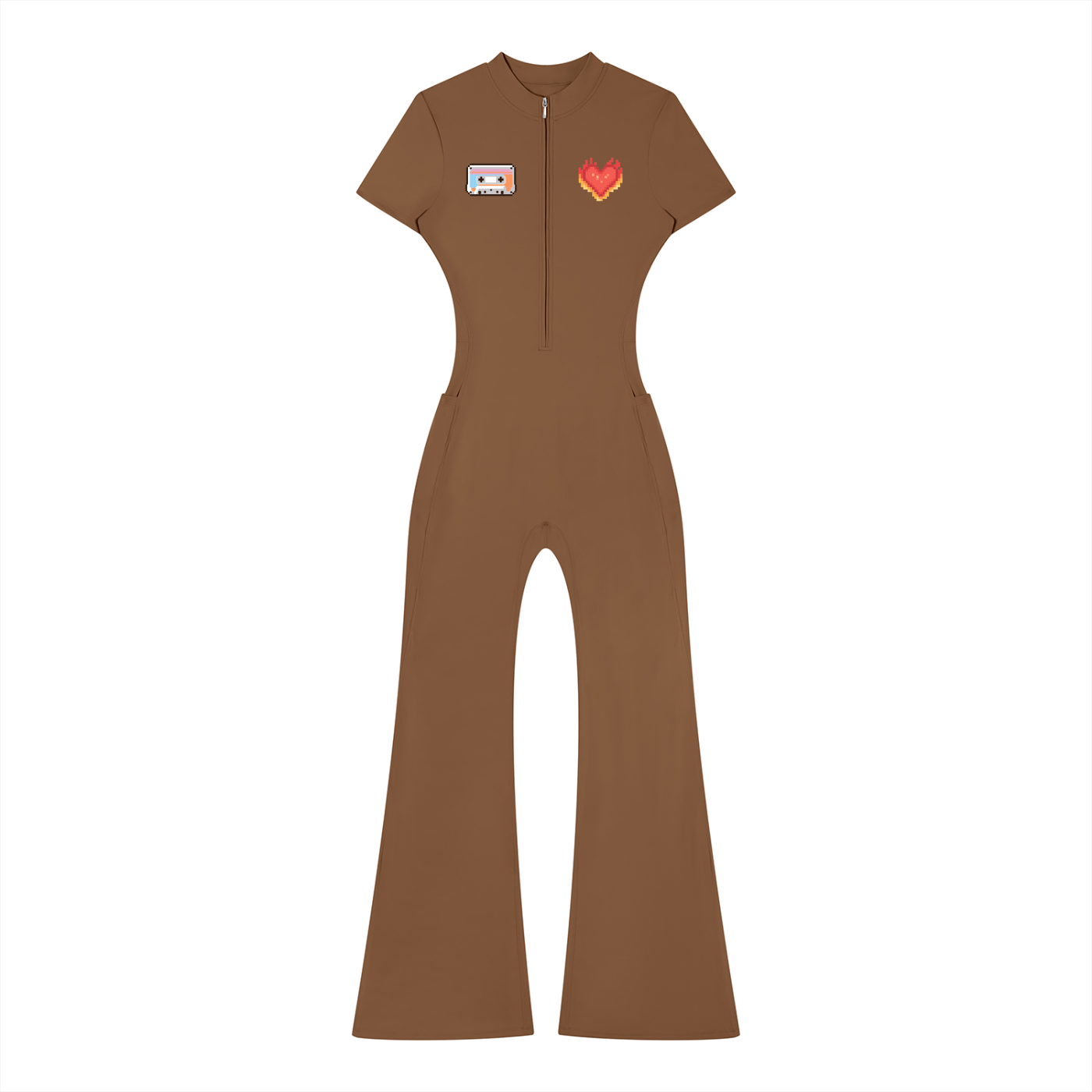 Women’s Tight Fit Flared Leg Quarter-Zip Jumpsuit Y2K Inspired Pixel Art