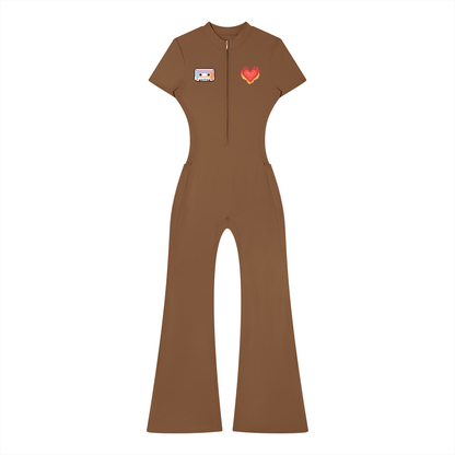 Women’s Tight Fit Flared Leg Quarter-Zip Jumpsuit Y2K Inspired Pixel Art