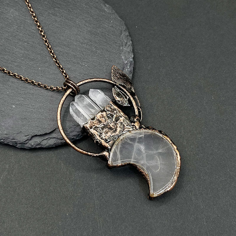 Clear Crystal Moon Plant Shape Pendant Gemstone Necklace