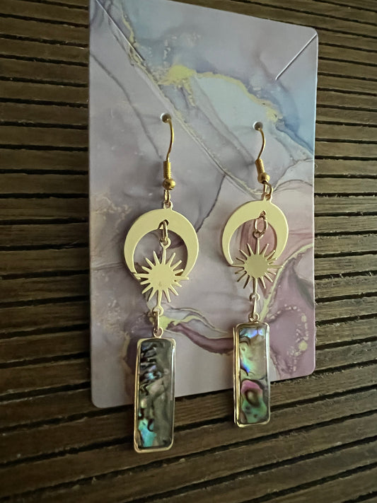 Gold-plated handmade drop earrings with natural abalone shell pendant