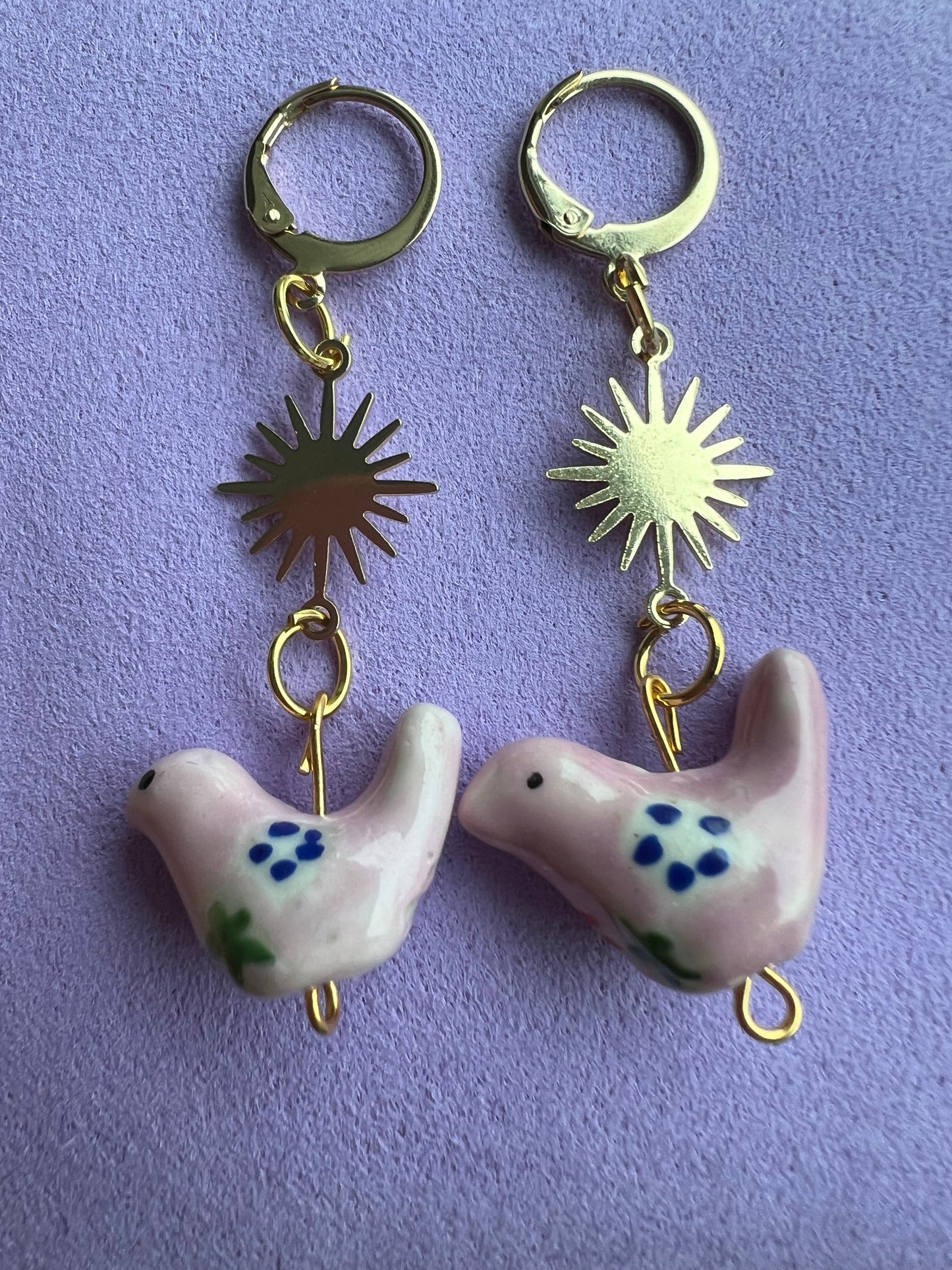 Ceramic Bird Spring Easter Earrings Huggies in Mystery Color with Golden Star