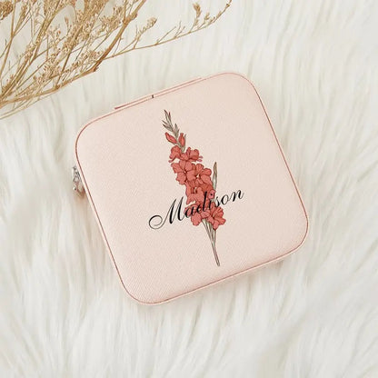 Personalized Travel Jewelry Box with Name Monogram and Birth Flower