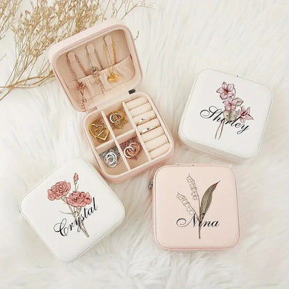 Personalized Travel Jewelry Box with Name Monogram and Birth Flower