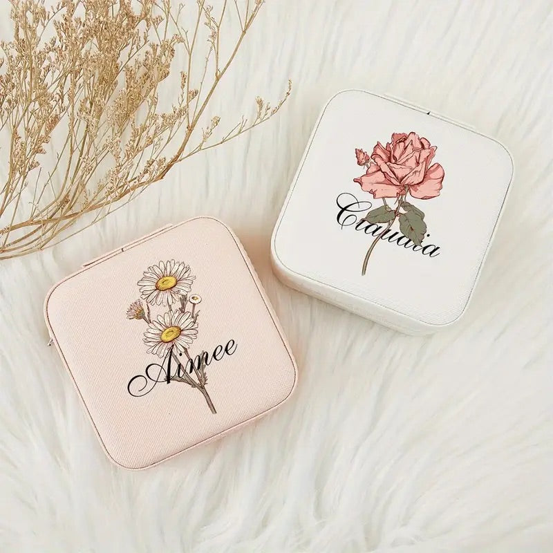 Personalized Travel Jewelry Box with Name Monogram and Birth Flower