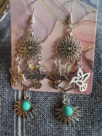 Hummingbird Drop Earrings with Turquoise Pendant