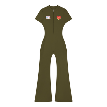 Women’s Tight Fit Flared Leg Quarter-Zip Jumpsuit Y2K Inspired Pixel Art