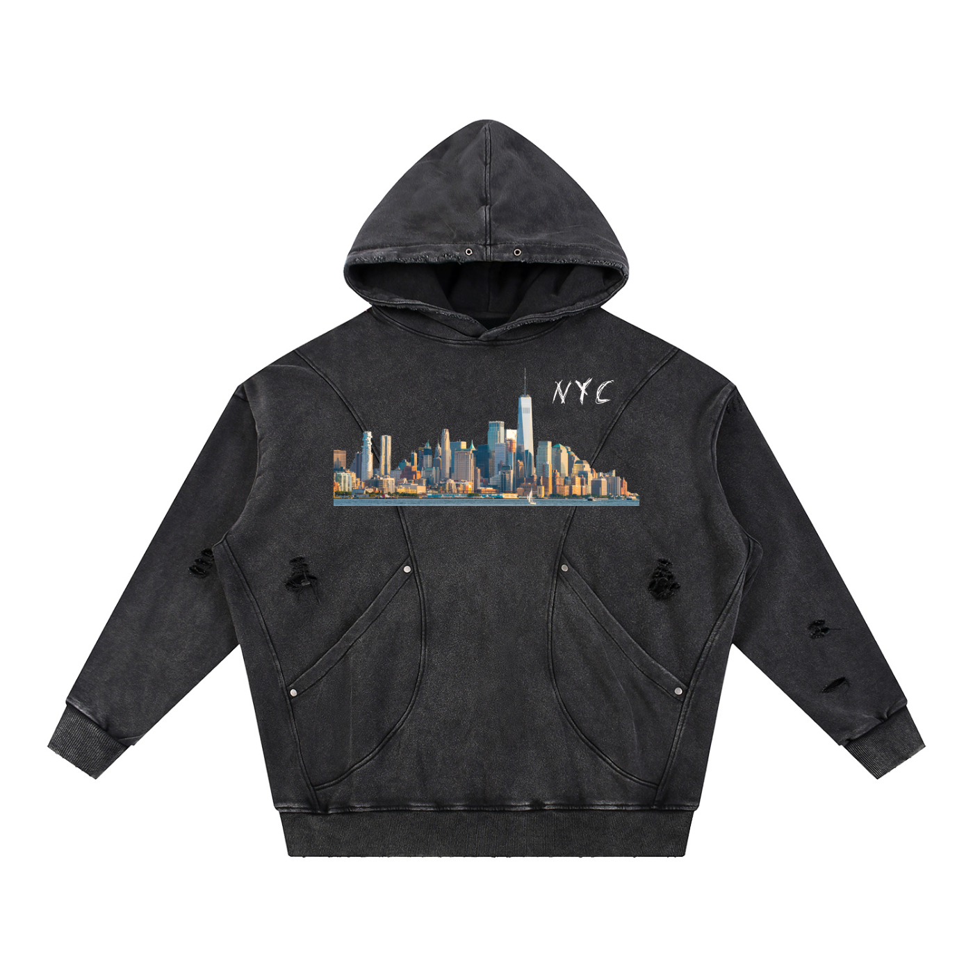 Unisex Snow Washed Distressed Panel Pocket Hoodie with NYC Skyline Print