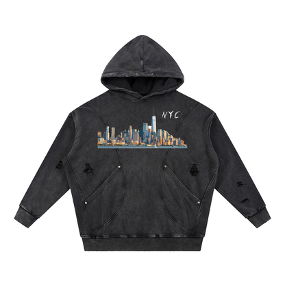 Unisex Snow Washed Distressed Panel Pocket Hoodie with NYC Skyline Print